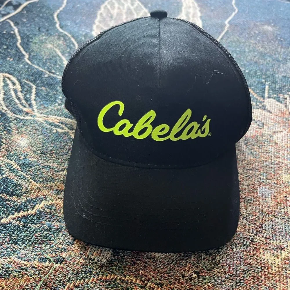 Cabela's Black Fishing Hat with Bright Green Logo SnapBack Hunting Adjustable